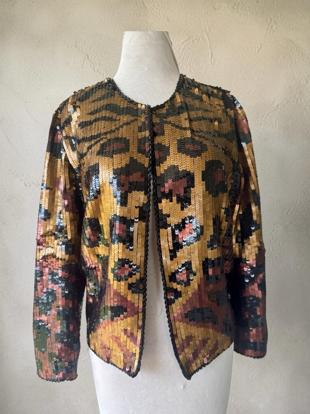 Vtg 90s Indigo Moon Animal Print Sequin Evening Jacket Sz S Holiday Festive
